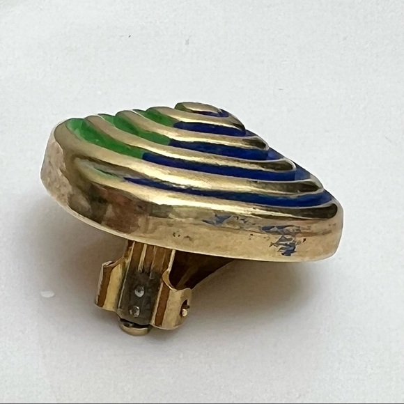 Vintage Funky 70s 80s Art Deco Two-tone Enamel Gold Spiral Clip Earrings - Picture 10 of 11